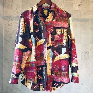 Diane Gilman Silk Blouse size S Small vintage Abstract Art Print Blue Purple